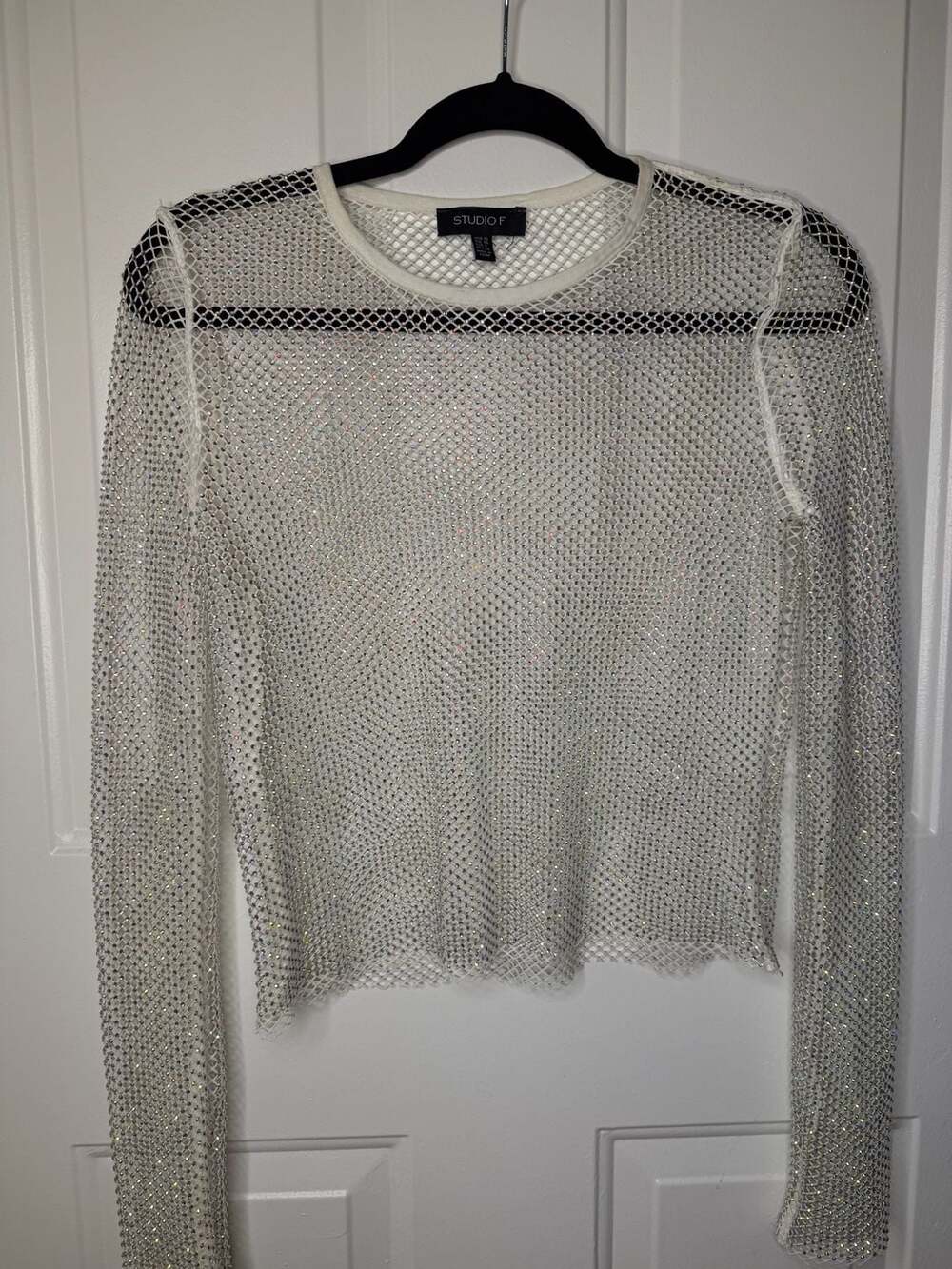 Studio F Rhinestone Mesh Top Size XS White Long Sleeve Sparkly